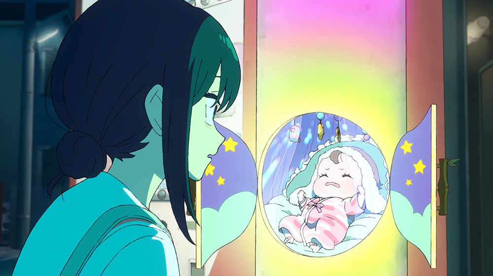 七色に光るゲーミング電柱をのぞきこむ彩葉と、その中で眠る赤ちゃん